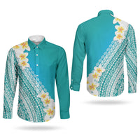 Tahiti Plumeria Tribal Pattern Couples Matching Off Shoulder Maxi Dress and Long Sleeve Button Shirt Wave Style Turquoise LT05 - Polynesian Pride
