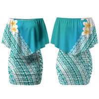 Tahiti Plumeria Tribal Pattern Couples Matching Off Shoulder Short Dress and Hawaiian Shirt Wave Style Turquoise LT05 - Polynesian Pride