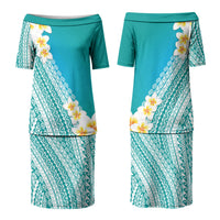 Tahiti Plumeria Tribal Pattern Couples Matching Puletasi and Long Sleeve Button Shirt Wave Style Turquoise LT05 - Polynesian Pride