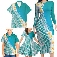 Tahiti Plumeria Tribal Pattern Family Matching Long Sleeve Bodycon Dress and Hawaiian Shirt Wave Style Turquoise LT05 - Polynesian Pride