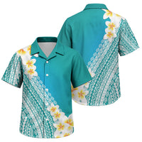 Tahiti Plumeria Tribal Pattern Family Matching Off The Shoulder Long Sleeve Dress and Hawaiian Shirt Wave Style Turquoise LT05 Son's Shirt Turquoise - Polynesian Pride