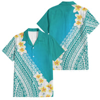 Tahiti Plumeria Tribal Pattern Family Matching Off Shoulder Short Dress and Hawaiian Shirt Wave Style Turquoise LT05 Dad's Shirt - Short Sleeve Turquoise - Polynesian Pride