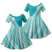 Tahiti Plumeria Tribal Pattern Family Matching Short Sleeve Bodycon Dress and Hawaiian Shirt Wave Style Turquoise LT05 Daughter's Dress Turquoise - Polynesian Pride