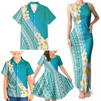 Tahiti Plumeria Tribal Pattern Family Matching Tank Maxi Dress and Hawaiian Shirt Wave Style Turquoise LT05 - Polynesian Pride