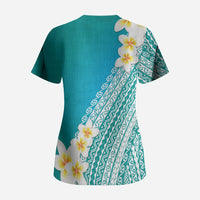 Tahiti Plumeria Tribal Pattern Scrub Top Wave Style Turquoise LT05 - Polynesian Pride