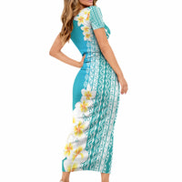 Tahiti Plumeria Tribal Pattern Short Sleeve Bodycon Dress Wave Style Turquoise LT05 - Polynesian Pride