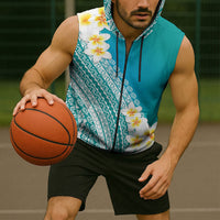 Tahiti Plumeria Tribal Pattern Sleeveless Zip Hoodie Wave Style Turquoise LT05 - Polynesian Pride