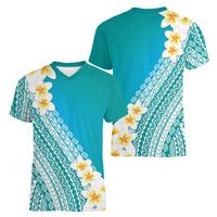 Tahiti Plumeria Tribal Pattern Women V-Neck T-Shirt Wave Style Turquoise LT05 - Polynesian Pride