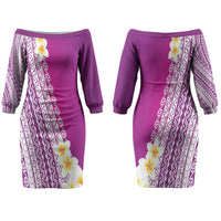 Tahiti Plumeria Tribal Pattern Couples Matching Off The Shoulder Long Sleeve Dress and Long Sleeve Button Shirt Wave Style Purple LT05 - Polynesian Pride