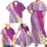 Tahiti Plumeria Tribal Pattern Family Matching Off Shoulder Maxi Dress and Hawaiian Shirt Wave Style Purple LT05 - Polynesian Pride