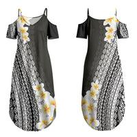 Tahiti Plumeria Tribal Pattern Couples Matching Summer Maxi Dress and Long Sleeve Button Shirt Wave Style Black LT05 - Polynesian Pride
