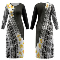 Tahiti Plumeria Tribal Pattern Family Matching Long Sleeve Bodycon Dress and Hawaiian Shirt Wave Style Black LT05 Mom's Dress Black - Polynesian Pride