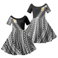 Tahiti Plumeria Tribal Pattern Family Matching Off The Shoulder Long Sleeve Dress and Hawaiian Shirt Wave Style Black LT05 Daughter's Dress Black - Polynesian Pride