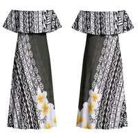 Tahiti Plumeria Tribal Pattern Family Matching Off Shoulder Maxi Dress and Hawaiian Shirt Wave Style Black LT05 Mom's Dress Black - Polynesian Pride