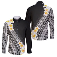 Tahiti Plumeria Tribal Pattern Family Matching Off Shoulder Maxi Dress and Hawaiian Shirt Wave Style Black LT05 Dad's Shirt - Long Sleeve Black - Polynesian Pride