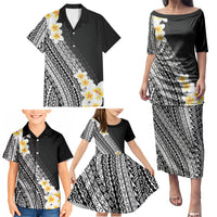 Tahiti Plumeria Tribal Pattern Family Matching Puletasi and Hawaiian Shirt Wave Style Black LT05 - Polynesian Pride