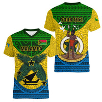 Personalized Vanuatu Malampa Province Women V Neck T Shirt Coat Of Arms And Namele Fern Polynesian Pattern LT05 - Polynesian Pride