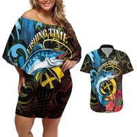 Vanuatu Fishing Couples Matching Off Shoulder Short Dress and Hawaiian Shirt It's Time To Fish