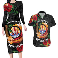 Personalised French Polynesia Outrigger Canoe Race Couples Matching Long Sleeve Bodycon Dress and Hawaiian Shirt Tropical Vibe LT05 Black - Polynesian Pride
