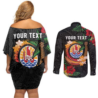 Personalised French Polynesia Outrigger Canoe Race Couples Matching Off Shoulder Short Dress and Long Sleeve Button Shirt Tropical Vibe LT05 - Polynesian Pride