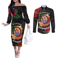 Personalised French Polynesia Outrigger Canoe Race Couples Matching Off The Shoulder Long Sleeve Dress and Long Sleeve Button Shirt Tropical Vibe LT05 Black - Polynesian Pride