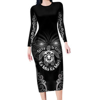 Aotearoa Toitu Te Tiriti Family Matching Long Sleeve Bodycon Dress and Hawaiian Shirt Ka Mua Ka Muri LT05 Mom's Dress Black - Polynesian Pride