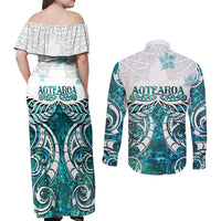 New Zealand Aotearoa Kia Ora Couples Matching Off Shoulder Maxi Dress and Long Sleeve Button Shirt Paua Shell Maori Silver Fern LT05 - Polynesian Pride
