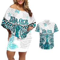 New Zealand Aotearoa Kia Ora Couples Matching Off Shoulder Short Dress and Hawaiian Shirt Paua Shell Maori Silver Fern LT05 Turquoise - Polynesian Pride