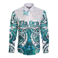 New Zealand Aotearoa Kia Ora Long Sleeve Button Shirt Paua Shell Maori Silver Fern LT05 Unisex Turquoise - Polynesian Pride