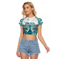 New Zealand Aotearoa Kia Ora Raglan Cropped T Shirt Paua Shell Maori Silver Fern LT05 Female Turquoise - Polynesian Pride