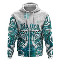 New Zealand Aotearoa Kia Ora Zip Hoodie Paua Shell Maori Silver Fern LT05 Zip Hoodie Turquoise - Polynesian Pride