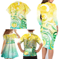 Personalised Cook Islands Kia Orana Family Matching Long Sleeve Bodycon Dress and Hawaiian Shirt Polynesian Turtle With Circle Stars LT05 - Polynesian Pride