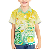 Personalised Cook Islands Kia Orana Family Matching Off Shoulder Short Dress and Hawaiian Shirt Polynesian Turtle With Circle Stars LT05 Son's Shirt Yellow - Polynesian Pride