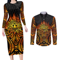 New Zealand Tamanuitera The Sun Couples Matching Long Sleeve Bodycon Dress and Long Sleeve Button Shirt Maori Pattern LT05 Orange - Polynesian Pride