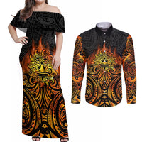 New Zealand Tamanuitera The Sun Couples Matching Off Shoulder Maxi Dress and Long Sleeve Button Shirt Maori Pattern LT05 Orange - Polynesian Pride