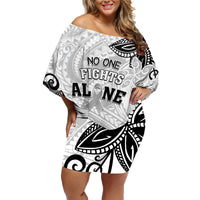 Personalised Polynesia Brain Cancer Family Matching Off Shoulder Short Dress and Hawaiian Shirt No One Fights Alone LT05 Mom's Dress White - Polynesian Pride