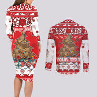 Personalised New Zealand Christmas In July Couples Matching Long Sleeve Bodycon Dress and Long Sleeve Button Shirt Maori Kiwi Xmas Tree - Red