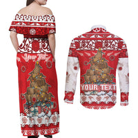 Personalised New Zealand Christmas In July Couples Matching Off Shoulder Maxi Dress and Long Sleeve Button Shirt Maori Kiwi Xmas Tree - Red