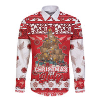 Personalised New Zealand Christmas In July Long Sleeve Button Shirt Maori Kiwi Xmas Tree - Red
