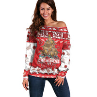 Personalised New Zealand Christmas In July Off Shoulder Sweater Maori Kiwi Xmas Tree - Red