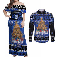 Personalised New Zealand July Christmas Couples Matching Off Shoulder Maxi Dress and Long Sleeve Button Shirt Maori Kiwi Xmas Tree - Blue