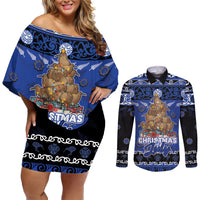 Personalised New Zealand July Christmas Couples Matching Off Shoulder Short Dress and Long Sleeve Button Shirt Maori Kiwi Xmas Tree - Blue
