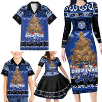 Personalised New Zealand July Christmas Family Matching Long Sleeve Bodycon Dress and Hawaiian Shirt Maori Kiwi Xmas Tree - Blue LT05 - Polynesian Pride