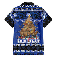 Personalised New Zealand July Christmas Family Matching Off Shoulder Short Dress and Hawaiian Shirt Maori Kiwi Xmas Tree - Blue LT05 - Polynesian Pride