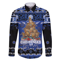 Personalised New Zealand July Christmas Family Matching Off Shoulder Short Dress and Hawaiian Shirt Maori Kiwi Xmas Tree - Blue LT05 Dad's Shirt - Long Sleeve Blue - Polynesian Pride