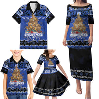 Personalised New Zealand July Christmas Family Matching Puletasi and Hawaiian Shirt Maori Kiwi Xmas Tree - Blue LT05 - Polynesian Pride