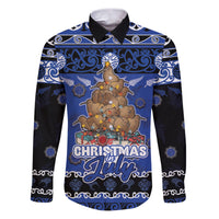 Personalised New Zealand July Christmas Family Matching Puletasi and Hawaiian Shirt Maori Kiwi Xmas Tree - Blue LT05 Dad's Shirt - Long Sleeve Blue - Polynesian Pride