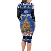 Personalised New Zealand July Christmas Long Sleeve Bodycon Dress Maori Kiwi Xmas Tree - Blue