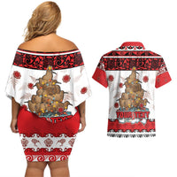 Personalised New Zealand July Christmas Couples Matching Off Shoulder Short Dress and Hawaiian Shirt Maori Kiwi Xmas Tree - White LT05 - Polynesian Pride