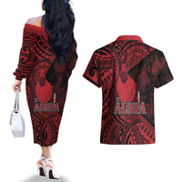 Hawaii King Kamehameha Couples Matching Off The Shoulder Long Sleeve Dress and Hawaiian Shirt With Hawaiian Ipu Motifs Red Version